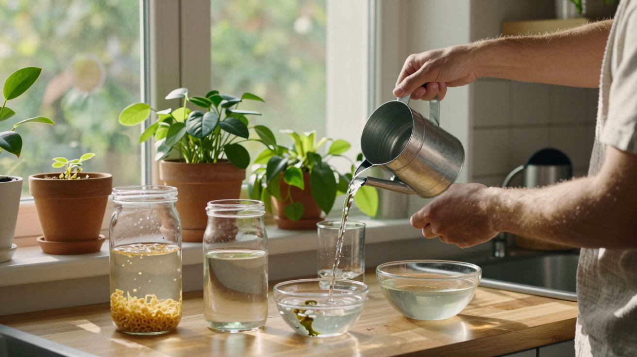 Une personne verse de l'eau d'un arrosoir en métal sur une plante aquatique dans une cuisine lumineuse.