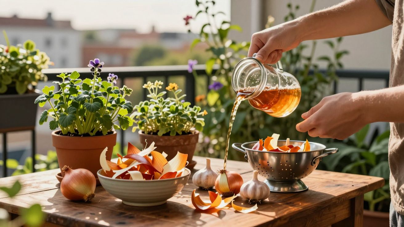 Une personne verse du liquide sur des oignons et des épluchures disposés sur une table en bois près de plantes en pot.