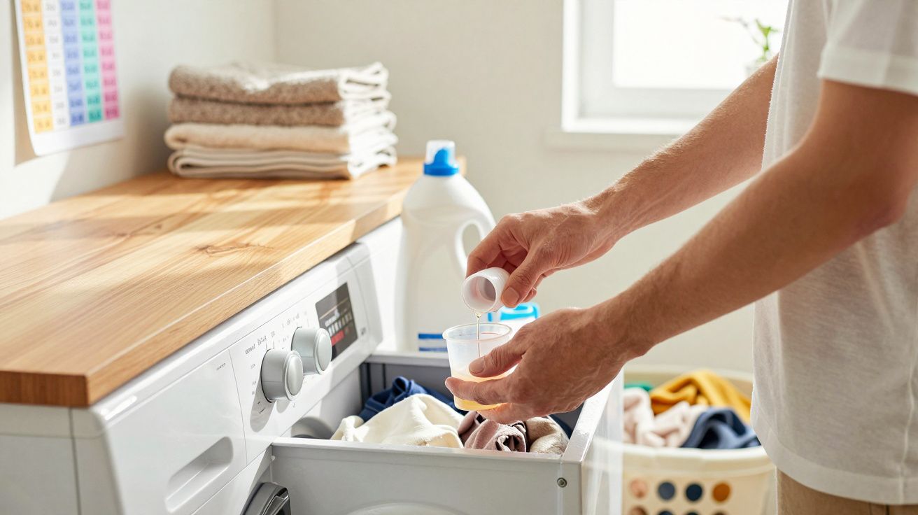 Une personne verse du détergent dans le bac d'une machine à laver remplie de linge.