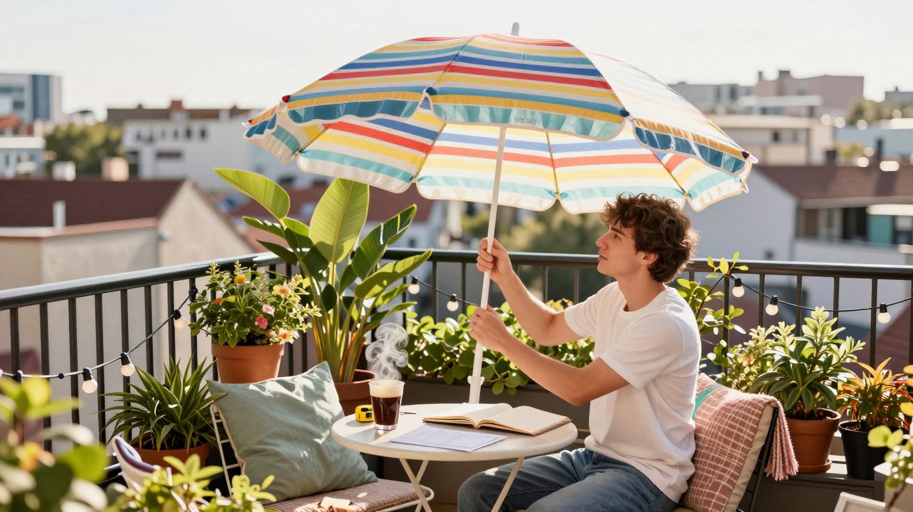 Jeune homme installant un parasol rayé sur un balcon décoré de plantes et d'une table avec boisson chaude.