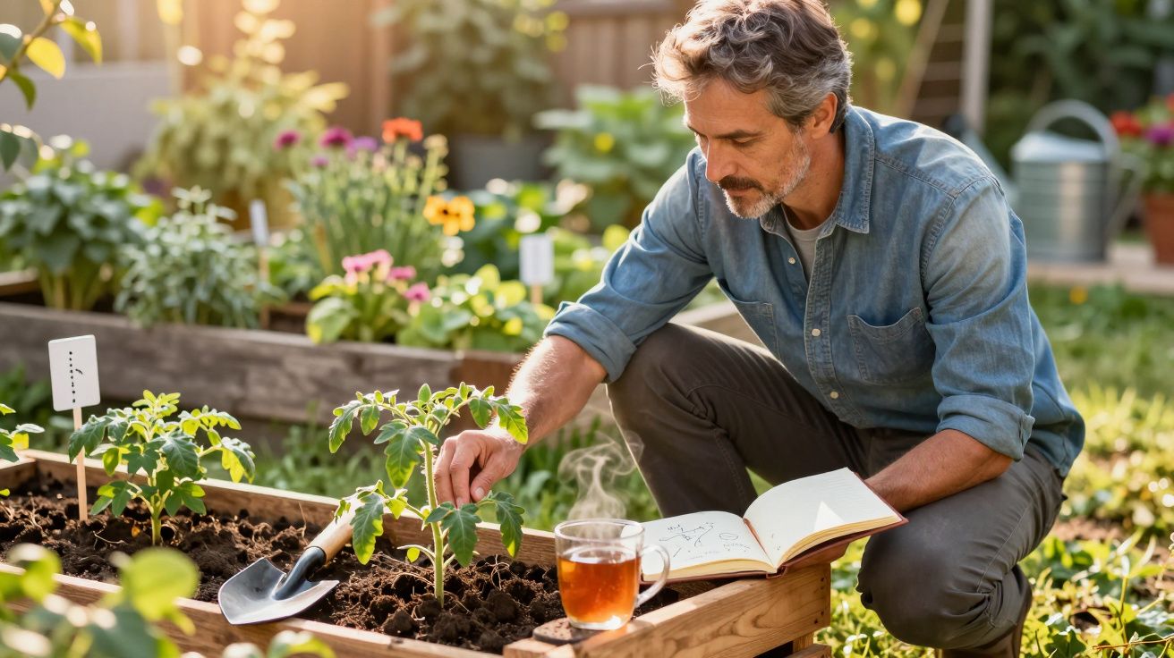 Homme jardinier arrose et prend soin des plants de tomates dans un potager en pleine lumière du jour.