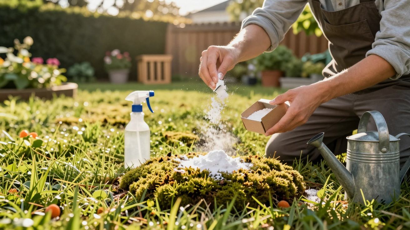 Personne répandant de la poudre blanche sur un parterre de mousse dans un jardin au coucher du soleil.