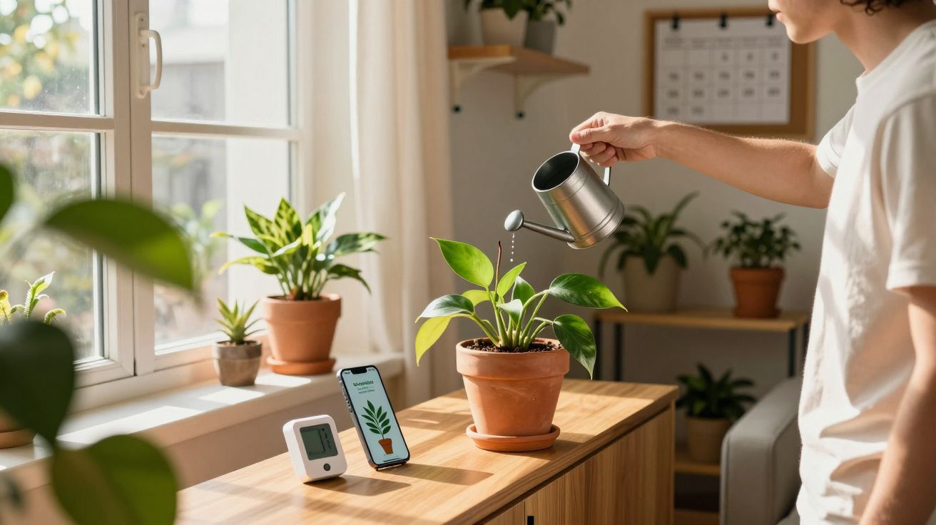 Personne arrosant une plante verte en pot sur un meuble près d'une fenêtre avec un smartphone affichant une app de jardinage.