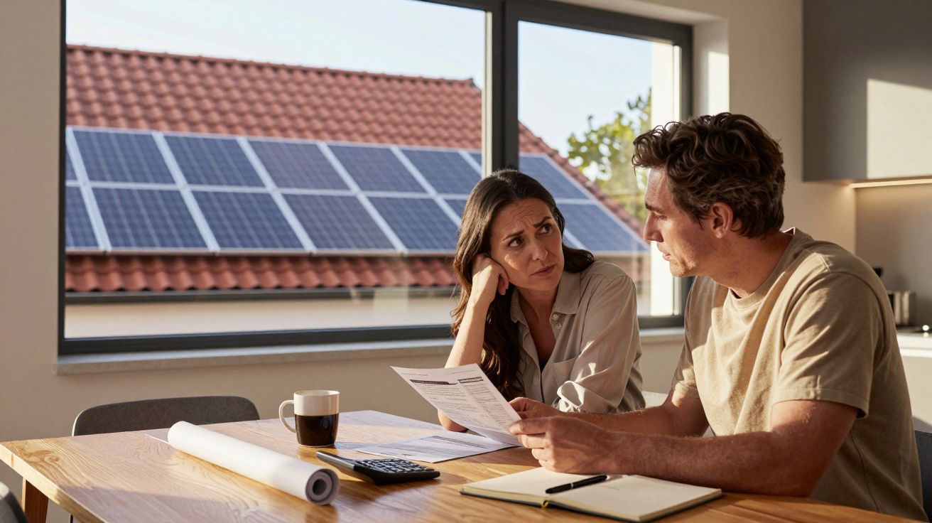 Un couple discute sérieusement de factures à une table, avec des panneaux solaires visibles par la fenêtre.