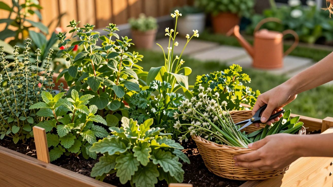 Mains coupant des herbes fraîches dans un jardin potager surélevé avec un sécateur et un panier en osier.