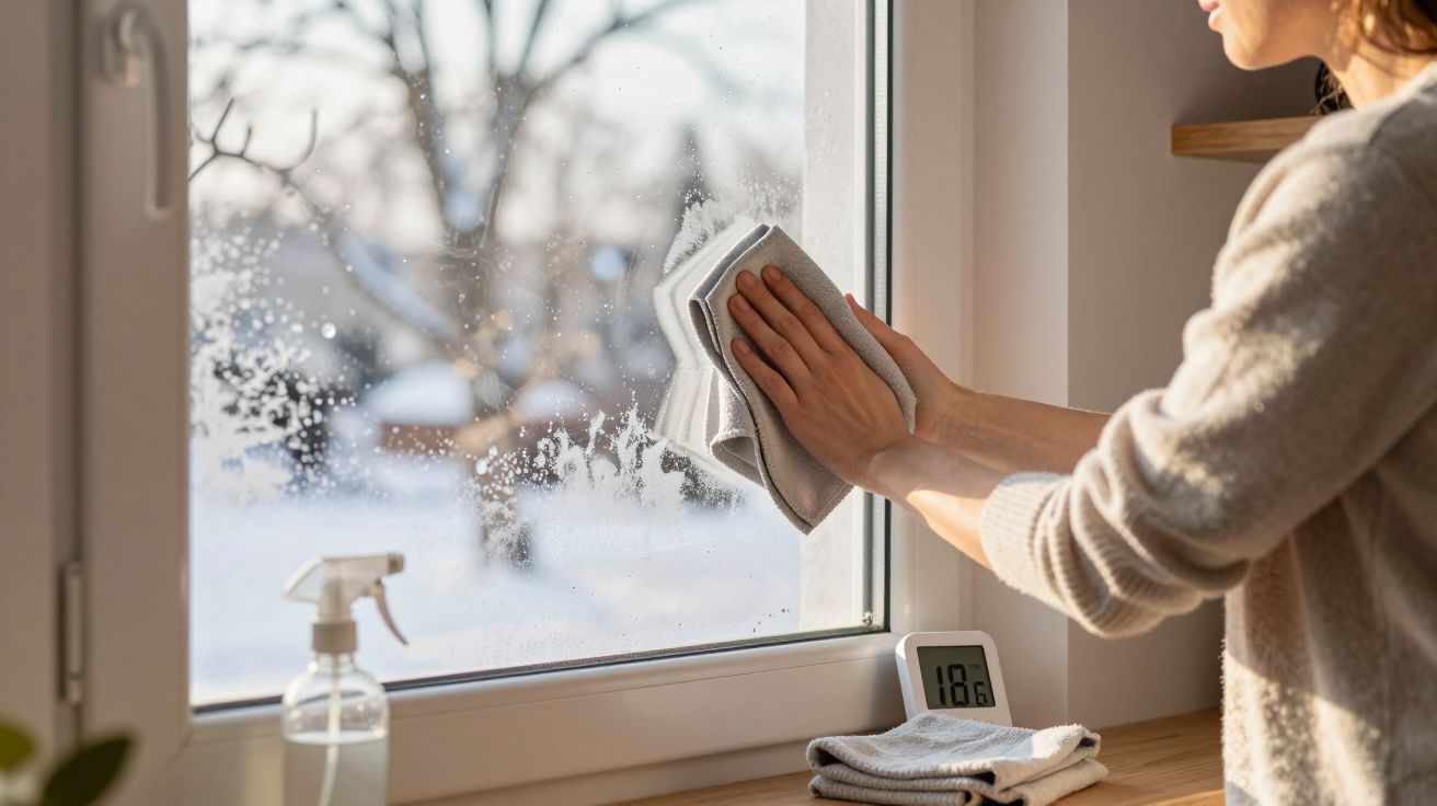 Personne nettoyant une vitre intérieure avec un chiffon, un pulvérisateur et un thermomètre posé sur le rebord.
