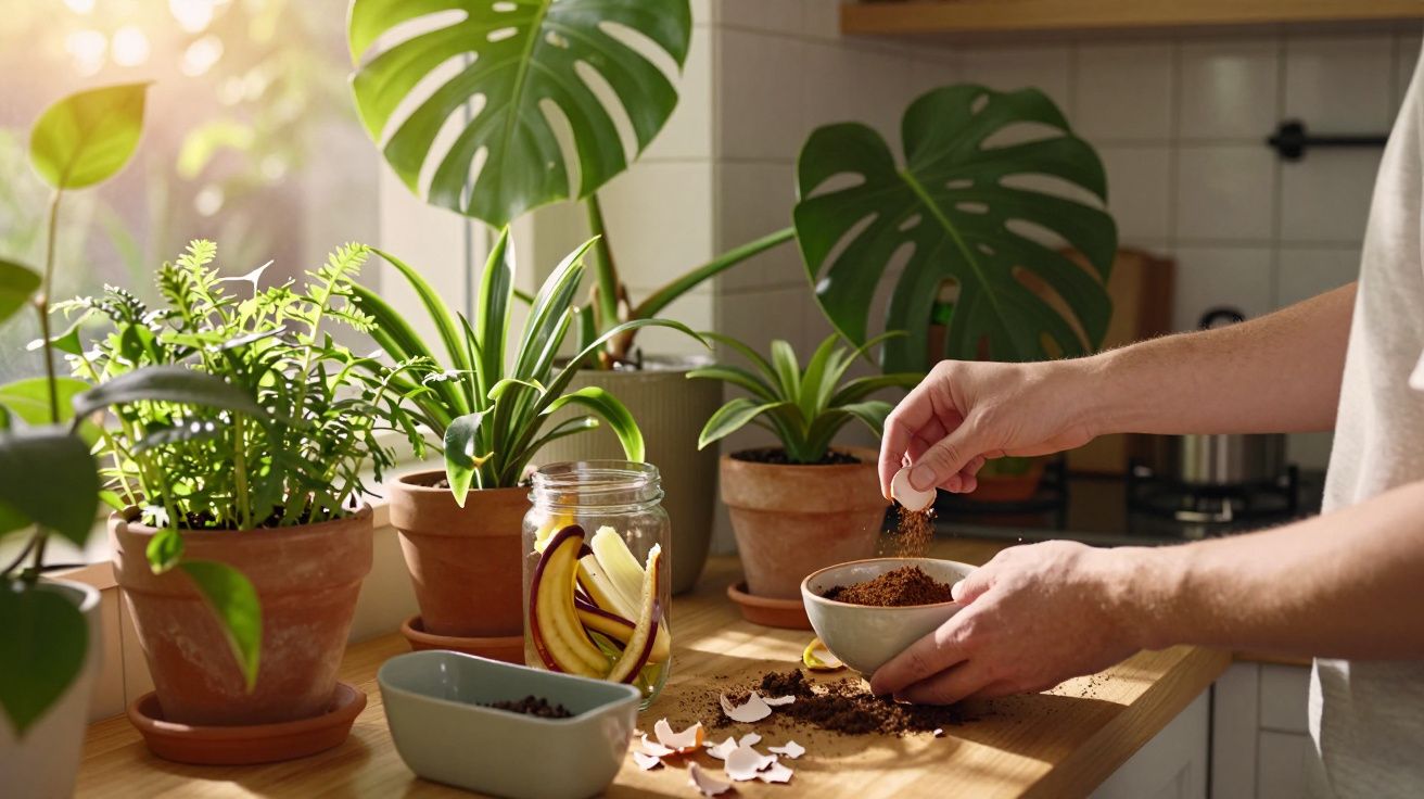 Une personne prépare du terreau dans une cuisine entourée de plantes en pots sur un plan de travail en bois.