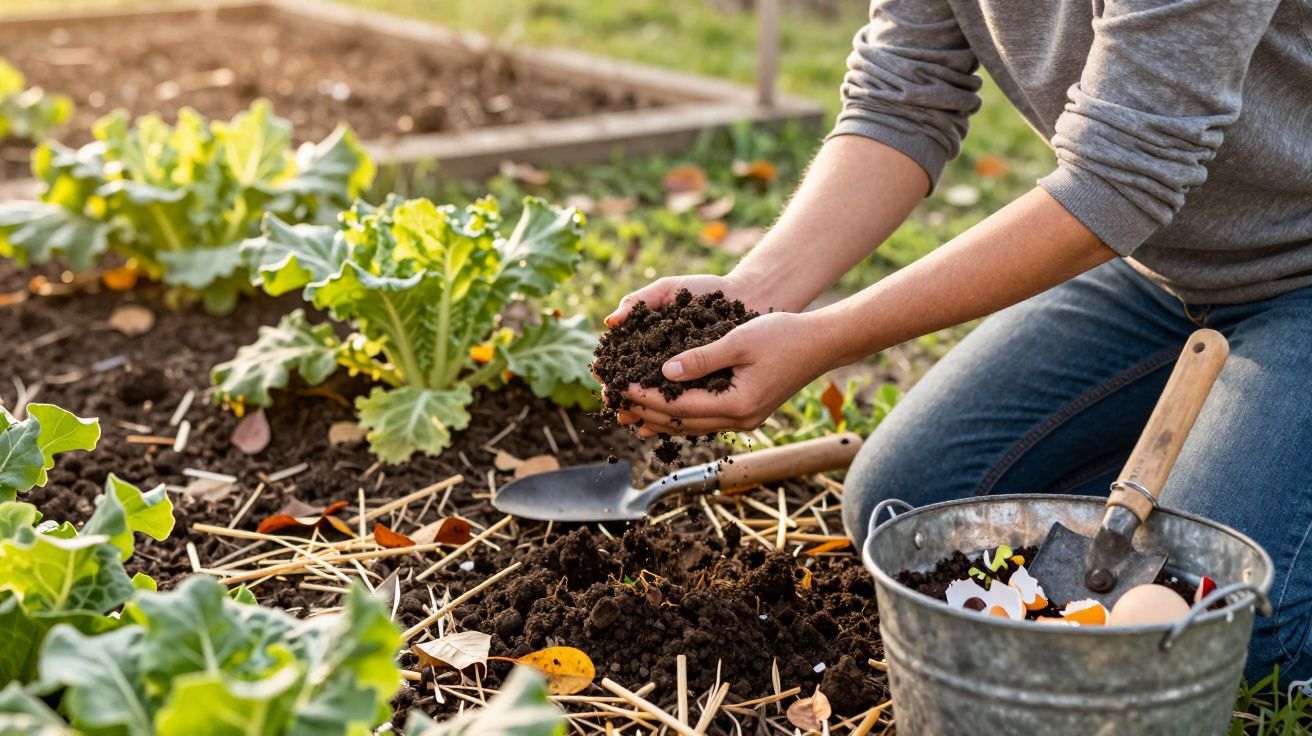 Personne en jean et sweat tenant de la terre dans un potager, outils de jardinage à côté.