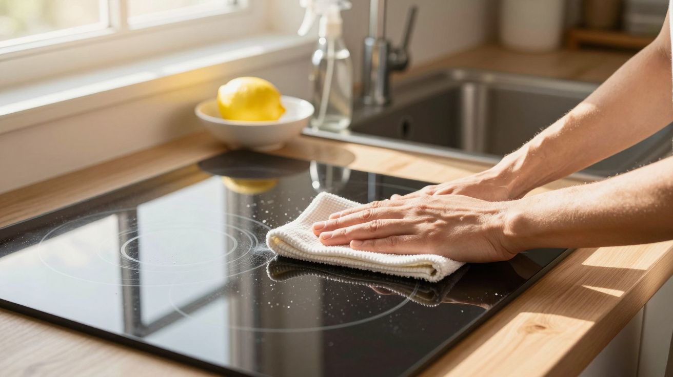 Personne nettoyant une plaque de cuisson en vitrocéramique avec un chiffon blanc dans une cuisine lumineuse.