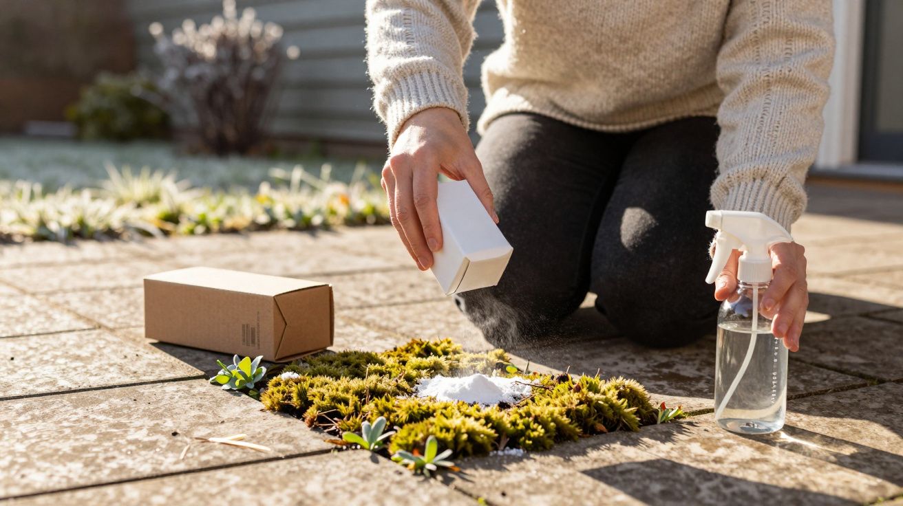 Personne qui saupoudre de la poudre blanche sur de la mousse carrée disposée sur une terrasse.