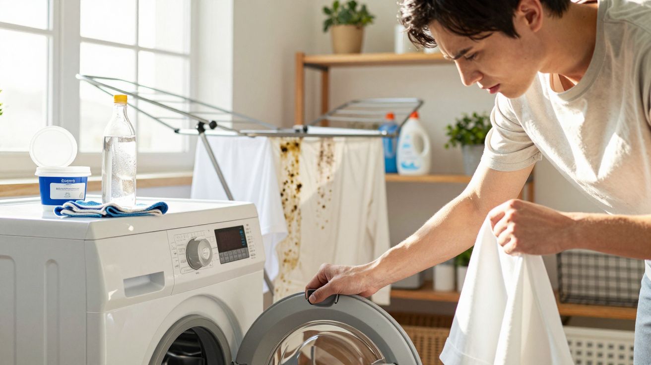 Homme inspectant un vêtement blanc avant de le mettre dans une machine à laver dans une buanderie lumineuse.