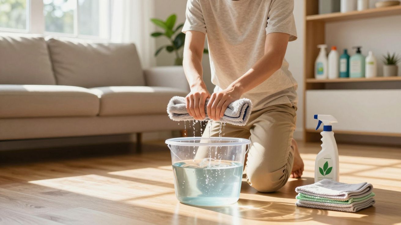 Personne essorant un chiffon au-dessus d'un seau d'eau sur un sol en parquet dans un salon lumineux.