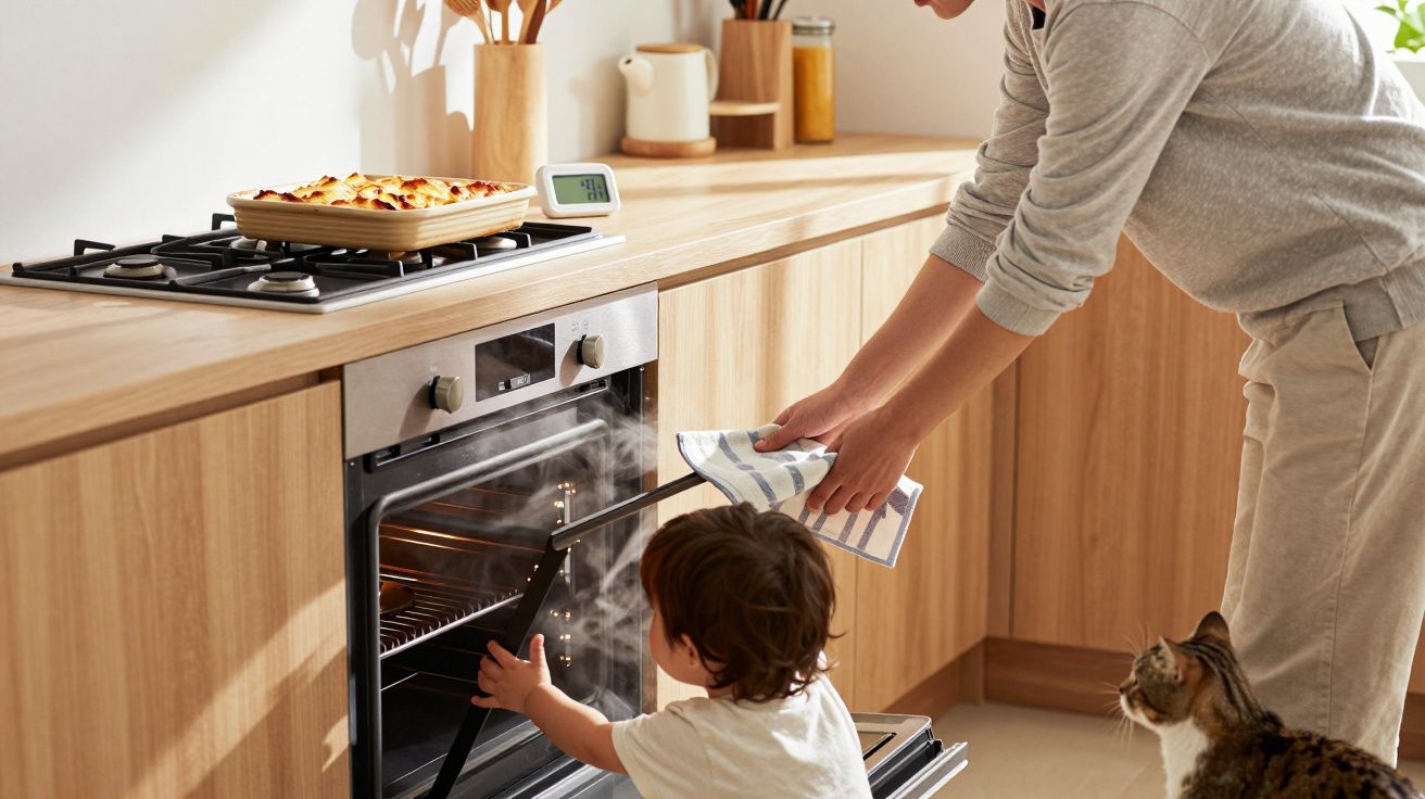 Un adulte et un enfant ouvrent un four dans une cuisine moderne en bois, un chat les observe.