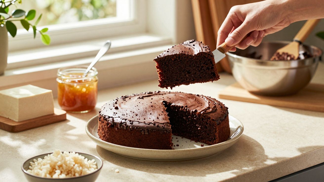 Part de gâteau au chocolat moelleux servie sur une assiette dans une cuisine lumineuse.