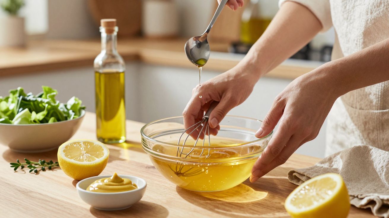 Personne versant de l'huile dans un bol avec un fouet, ingrédients pour vinaigrette sur une table en bois.