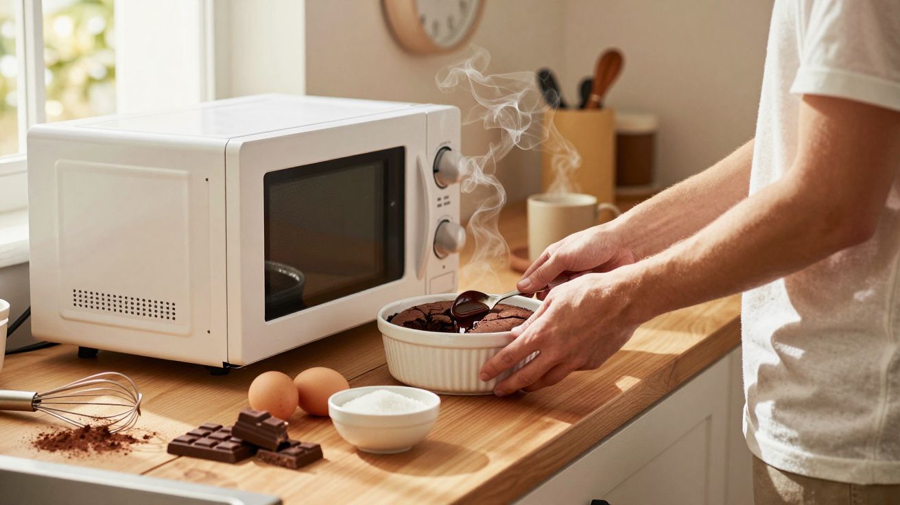 Personne décorant un gâteau chaud sortant du micro-ondes sur un plan de travail avec ingrédients de pâtisserie.
