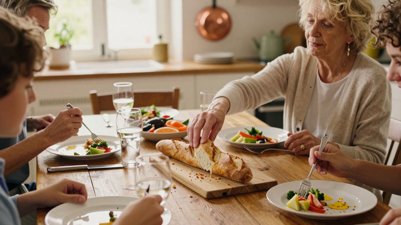 Personnes partageant du pain et un repas sain autour d'une table en bois dans une cuisine lumineuse.