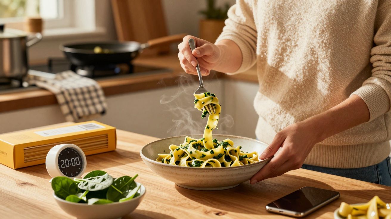 Personne en pull beige tenant une fourchette avec des pâtes aux épinards dans une assiette dans une cuisine.