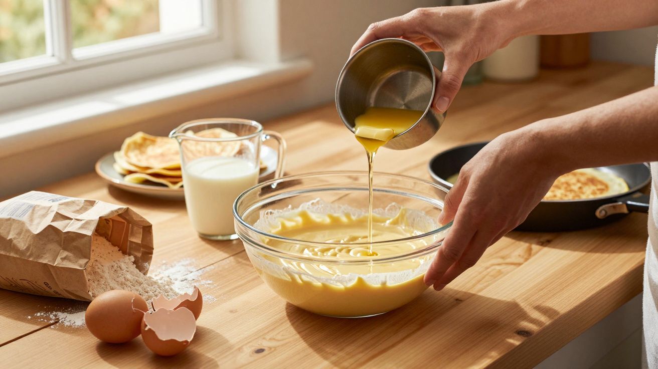 Préparation de pâte à crêpes avec œufs, farine, lait et mélange versé dans un saladier transparent.