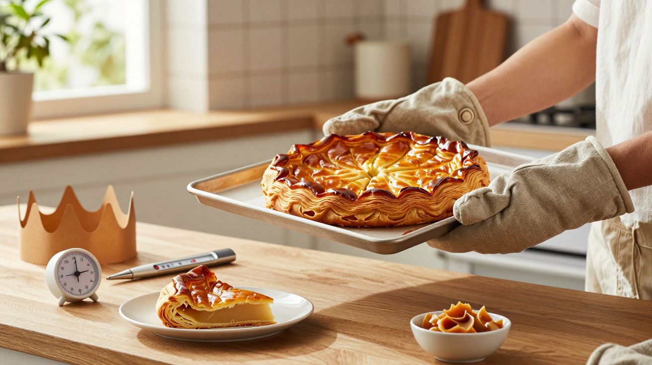 Personne tenant une galette des rois chaude sur un plat en cuisine avec une couronne, un thermomètre et une part sur une assi