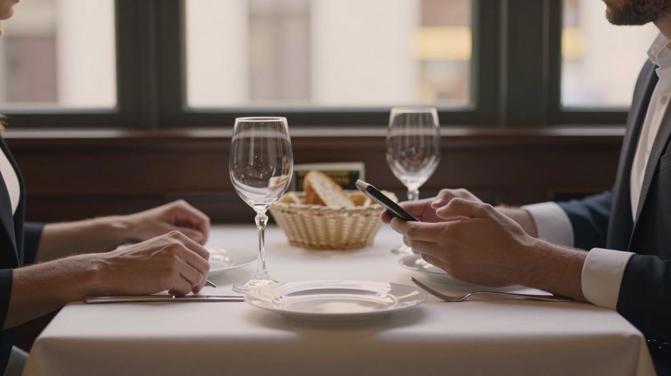 Deux personnes à table dans un restaurant, l’une utilise un téléphone, verres et panier de pain sur la table.