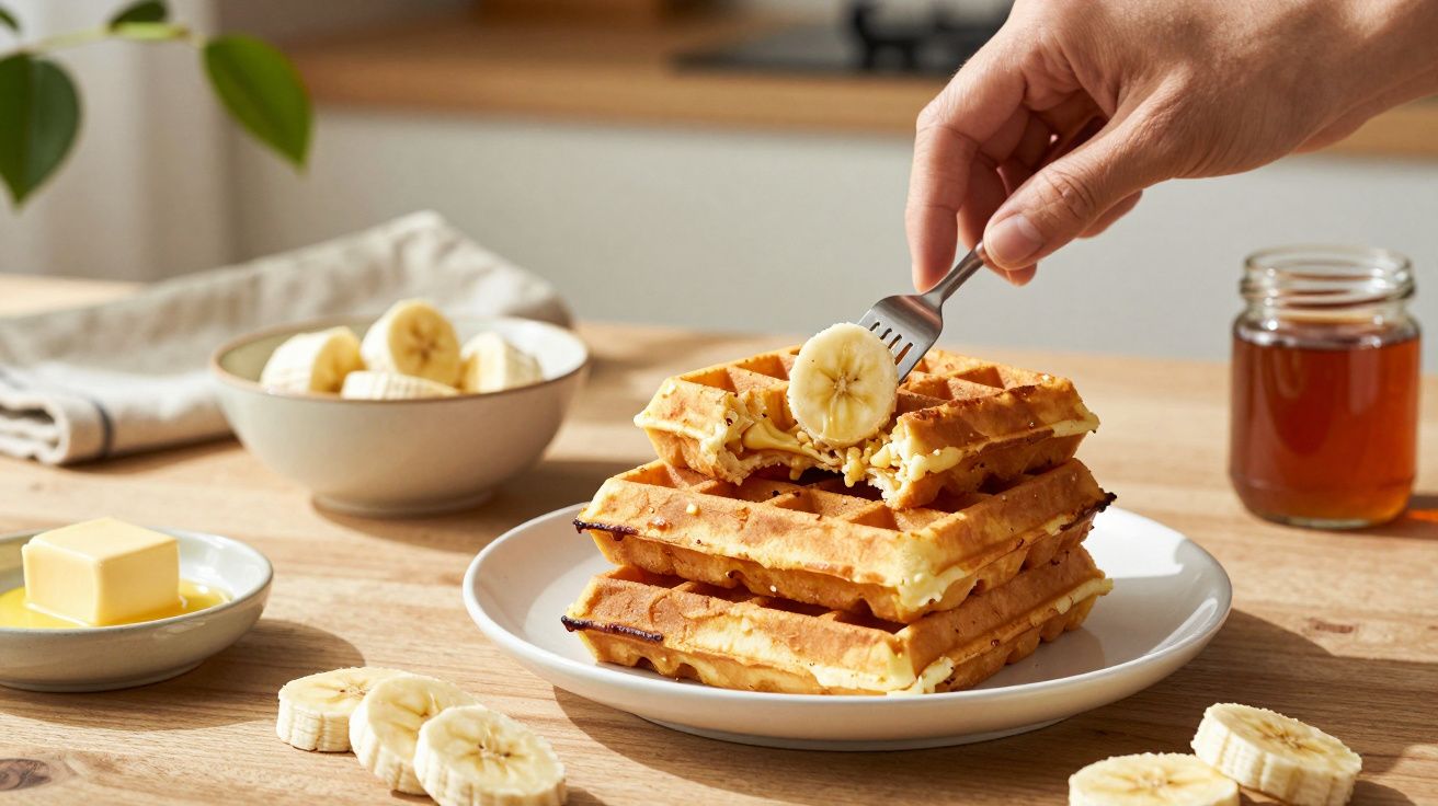 Gaufres empilées sur une assiette avec tranche de banane prise à la fourchette, beurre, tranches de banane et pot de miel.