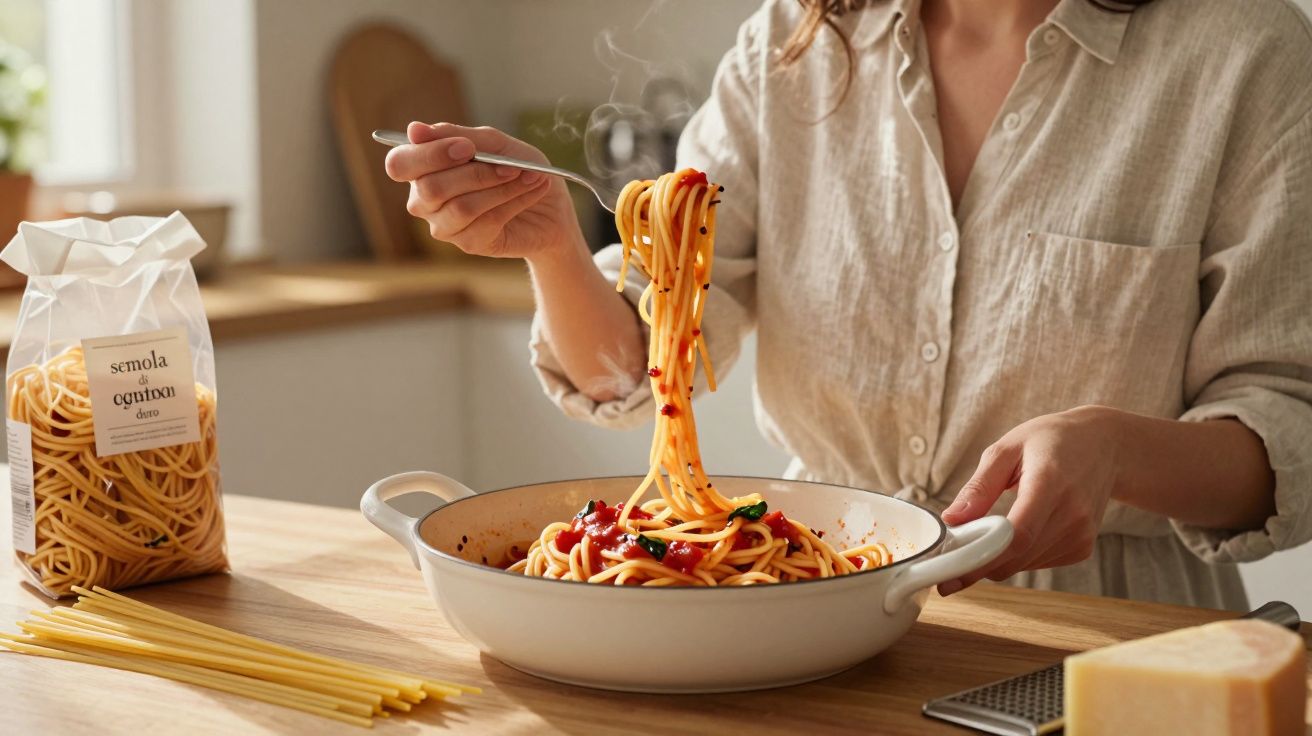 Personne tenant des spaghettis avec une fourchette au-dessus d'une poêle avec sauce tomate et épices.