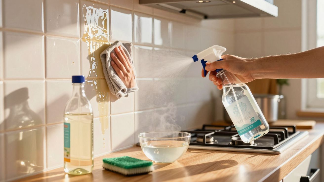 Personne nettoyant une crédence de cuisine avec un spray et un chiffon, bol d'eau chaude et produit sur le plan de travail.