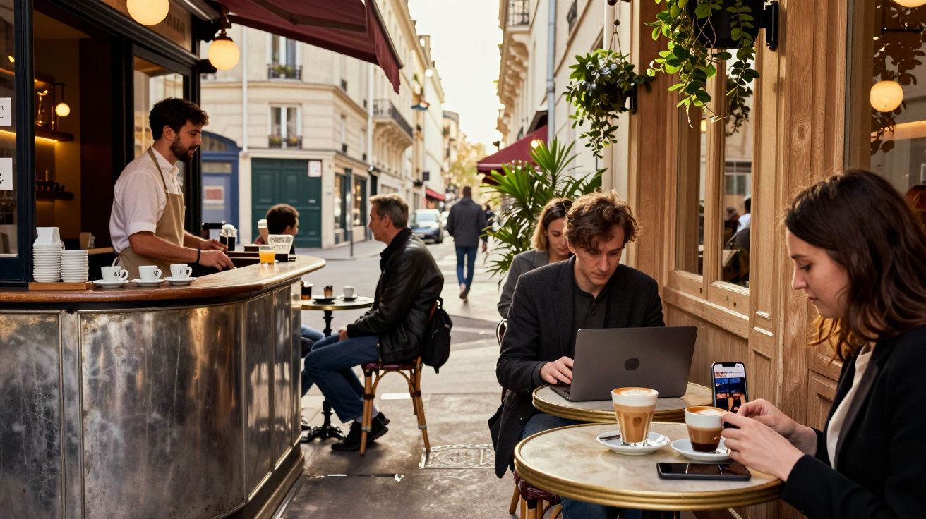 Terrasse de café parisien avec clients utilisant un ordinateur, un téléphone et un serveur au comptoir.
