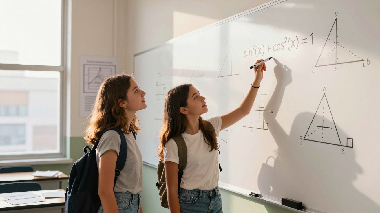 Deux élèves analysent et écrivent des formules mathématiques sur un tableau blanc dans une salle de classe lumineuse.