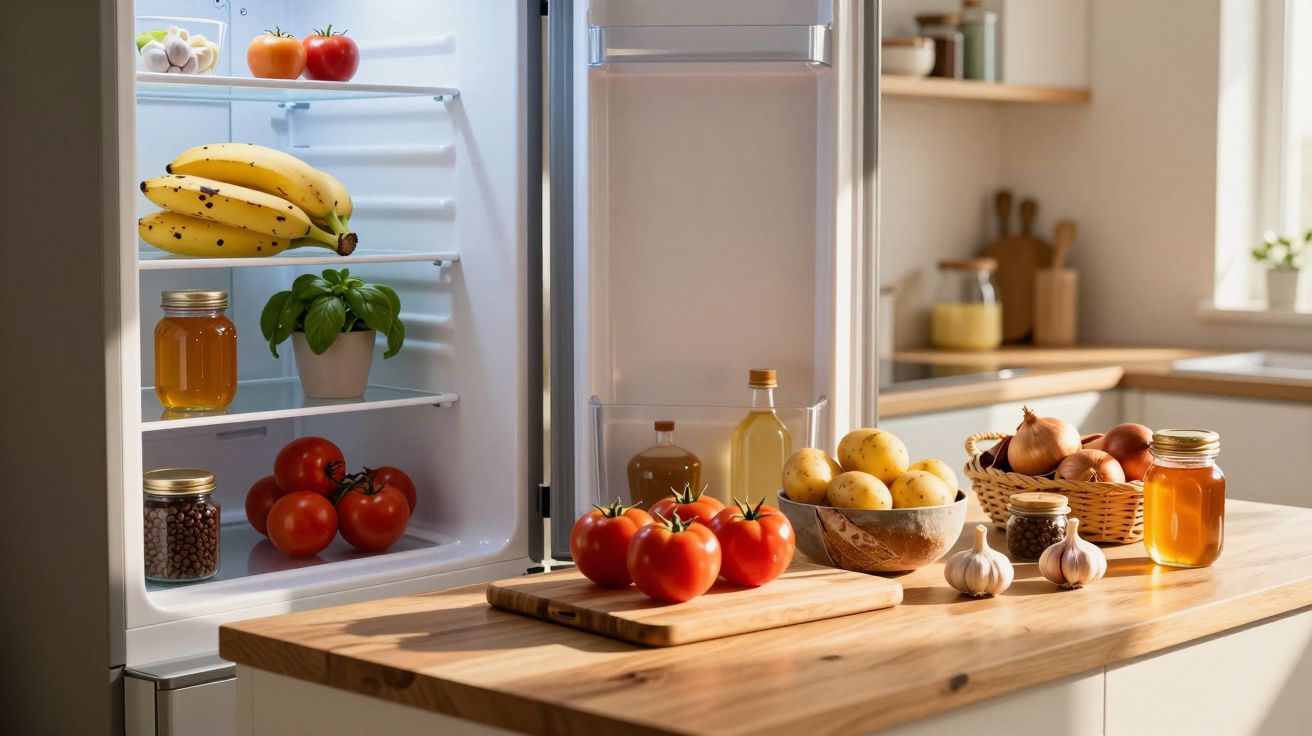 Réfrigérateur ouvert avec fruits, légumes, miel, et épices sur un plan de travail en bois dans une cuisine lumineuse.