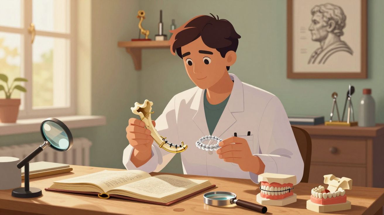 Jeune dentiste en blouse blanche examinant un modèle de mâchoire avec des dents dans un bureau lumineux.