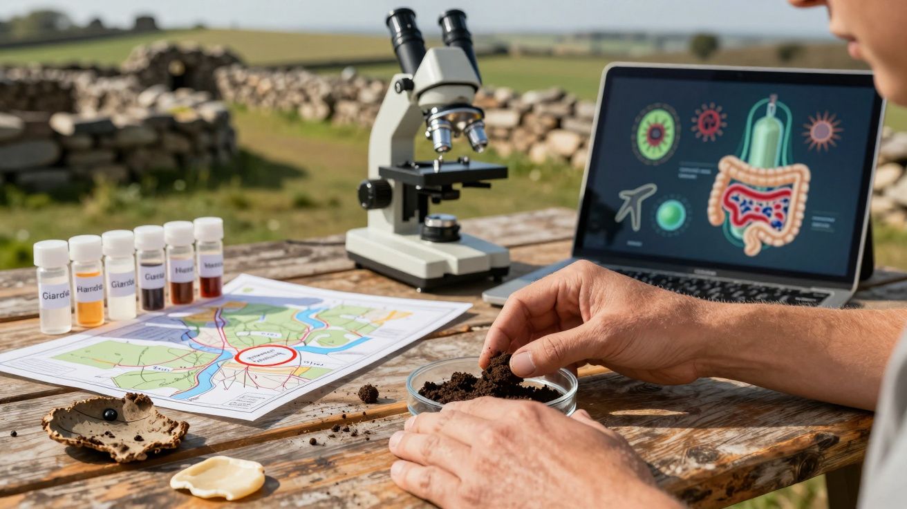 Main analysant de la terre dans une boîte de Petri avec microscope, cartes et schéma d'intestin sur un ordinateur portable.