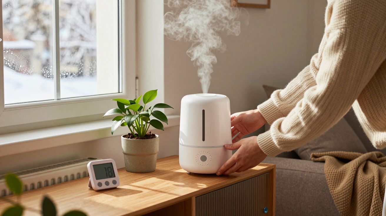 Humidificateur blanc diffusant de la vapeur sur un meuble près d'une plante et d'un thermomètre intérieur.