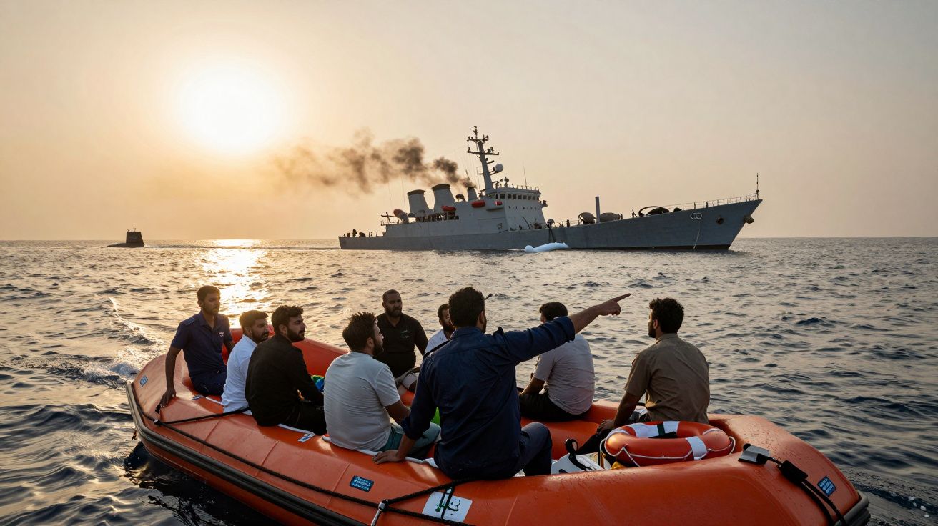 Un groupe d’hommes sur un zodiac orange en mer, avec un navire militaire et un sous-marin au coucher du soleil.
