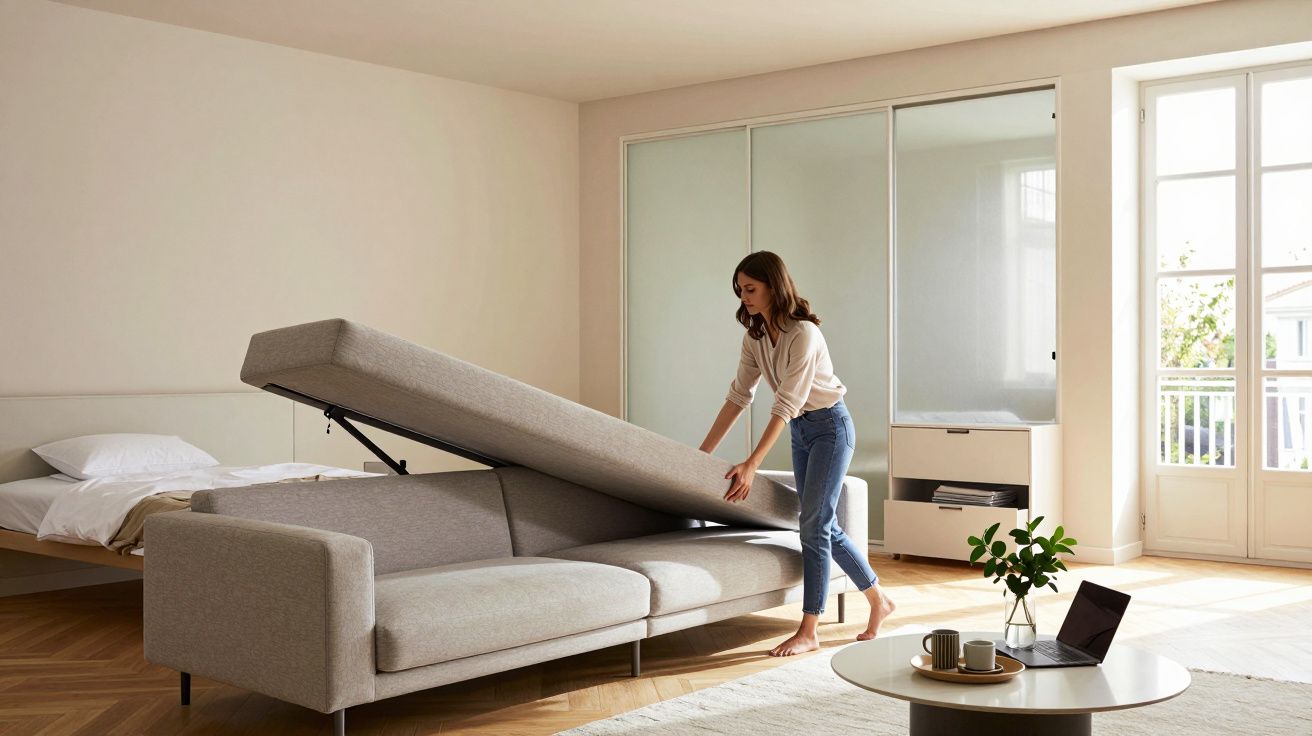 Femme soulevant le siège d'un canapé-lit gris dans un salon lumineux avec lit et table basse.