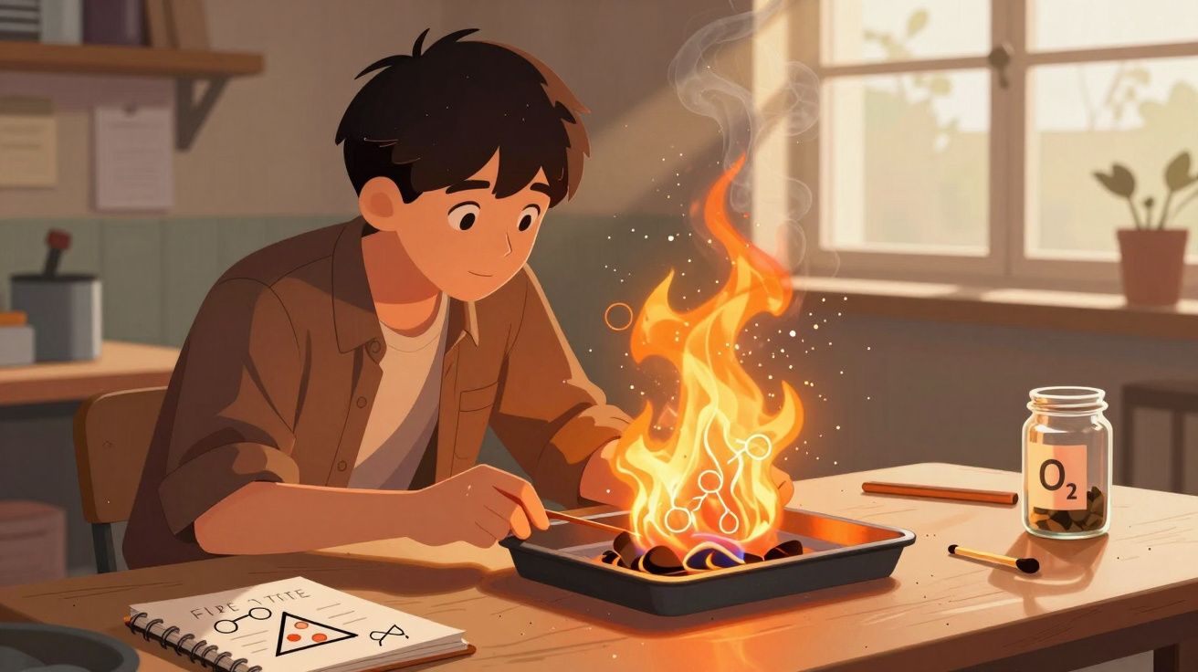 Jeune garçon observe attentivement un feu de camp expérimental dans un plateau au bureau lumineux.