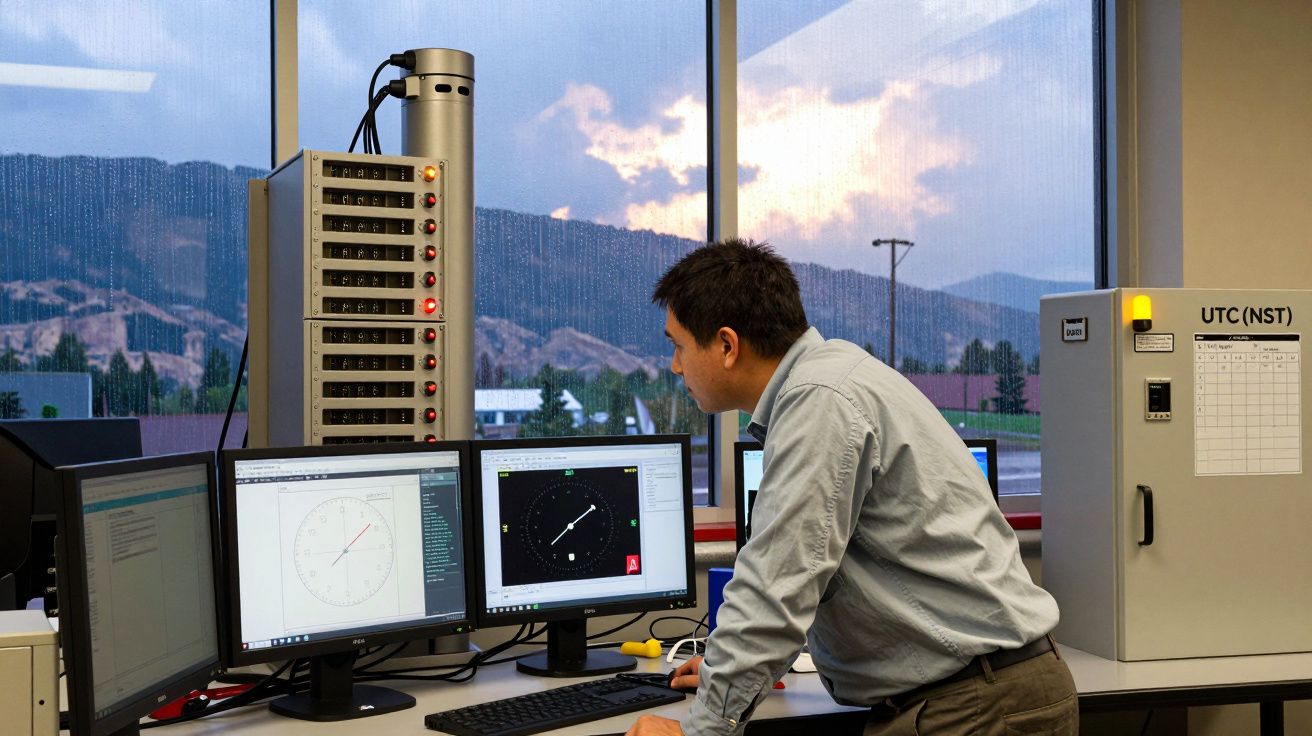 Homme regardant des écrans d'ordinateur affichant des horloges dans un bureau avec vue sur la montagne au coucher du soleil.