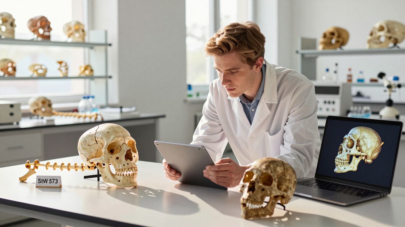 Jeune chercheur en blouse blanche analysant des crânes humains dans un laboratoire scientifique.