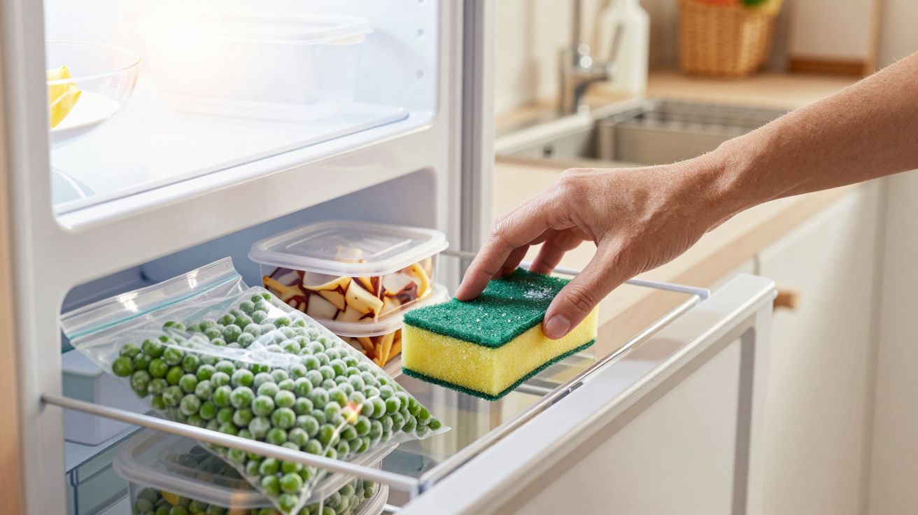 Main nettoyant l’intérieur d’un réfrigérateur avec une éponge, sacs de légumes congelés visibles.