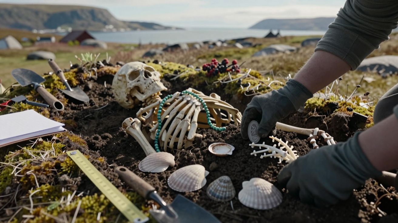 Squelette humain partiellement exhumé entouré de coquillages, outils d'archéologie et colliers colorés.