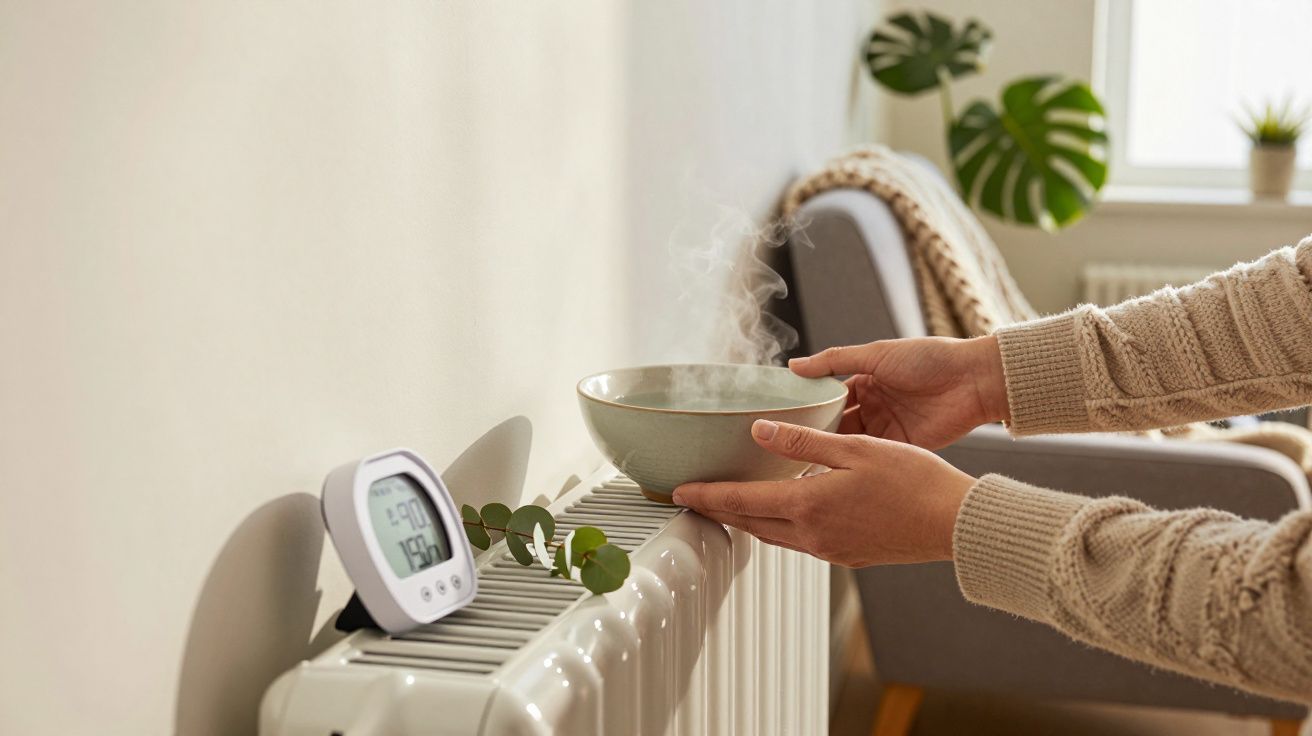 Deux mains tenant un bol fumant au-dessus d’un radiateur avec un hygromètre posé dessus.