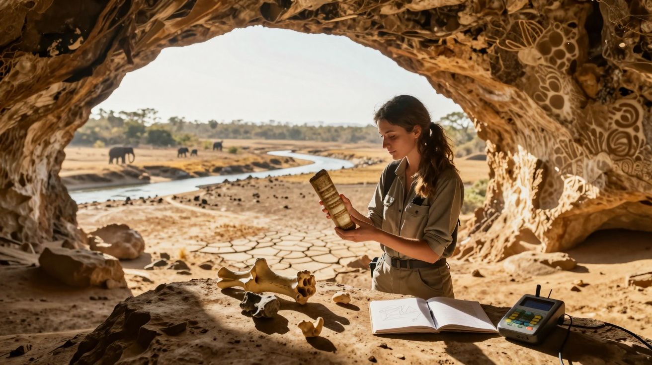 Femme exploratrice examine un objet ancien dans une grotte avec fossiles, carnet et paysage africain en arrière-plan.