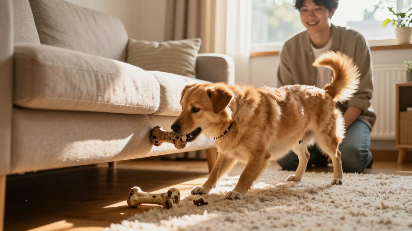 Chien doré joue avec des jouets os dans un salon lumineux, une personne souriante l'observe assise au sol.