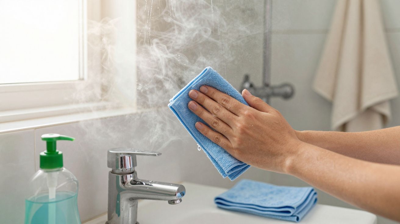 Mains tenant un chiffon bleu pour essuyer de la vapeur au-dessus d'un évier avec robinet et savon liquide.