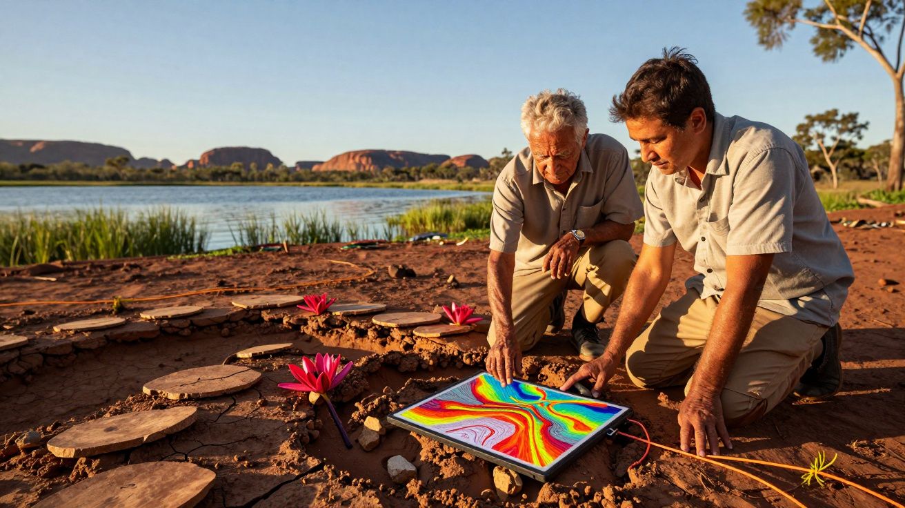 Deux hommes s'agenouillent près d'un lac, observant une tablette avec une carte colorée au sol rouge.