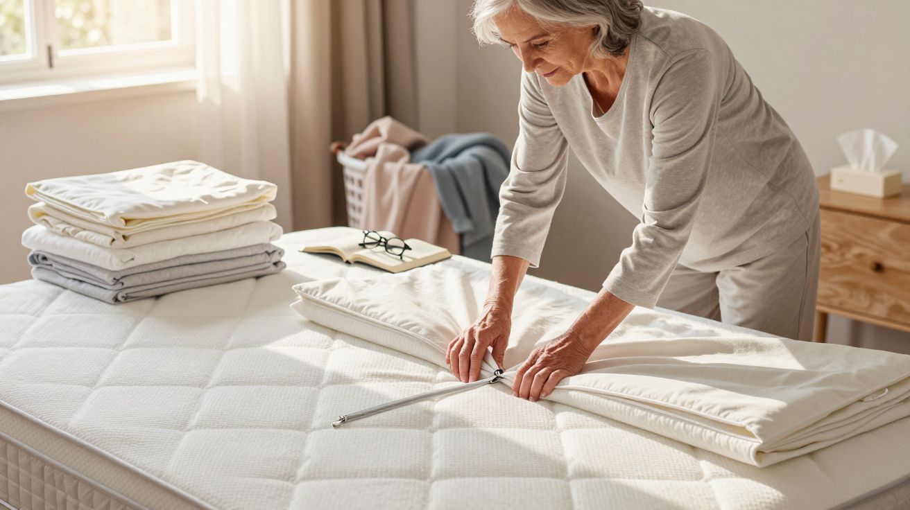 Femme âgée plie des draps blancs sur un matelas, pile de vêtements pliés à côté dans une chambre lumineuse.