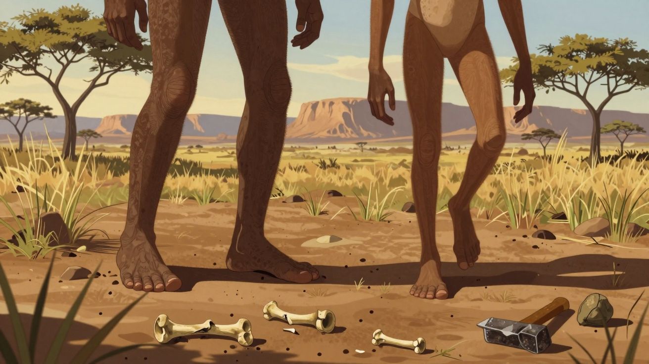 Deux hominidés pieds nus debout dans la savane près d'os et d'un marteau en pierre.