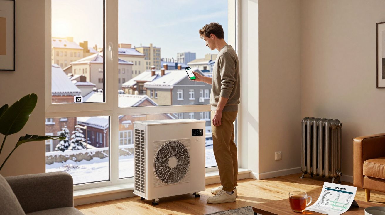 Jeune homme contrôle une pompe à chaleur intérieure devant une fenêtre avec vue sur ville enneigée.