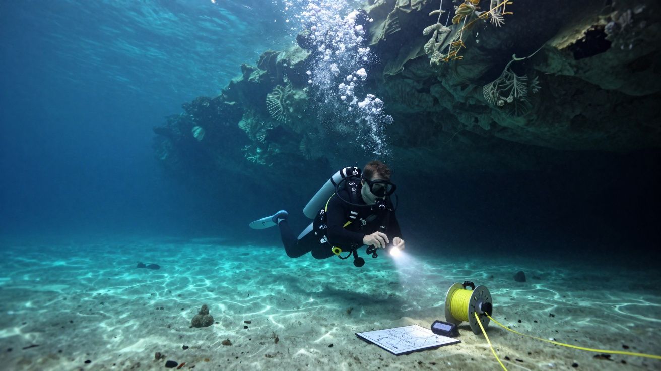 Plongeur équipé explore un fond marin clair proche d’une paroi rocheuse avec une lampe torche et un dévidoir.